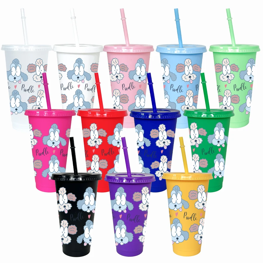 

12PCS/Pack, Cute Poodle Print, 26oz Multi-color Plastic Party Water Cup with Lid and Straw, Birthday Party Decor, Holiday Gift.