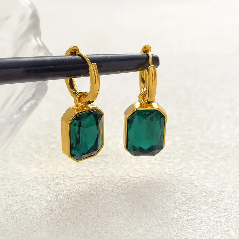 Greatera Trendy Stainless Steel Crystal Drop Earrings for Women Gold Plated Green White Geometric Square Earrings Jewelry 2023