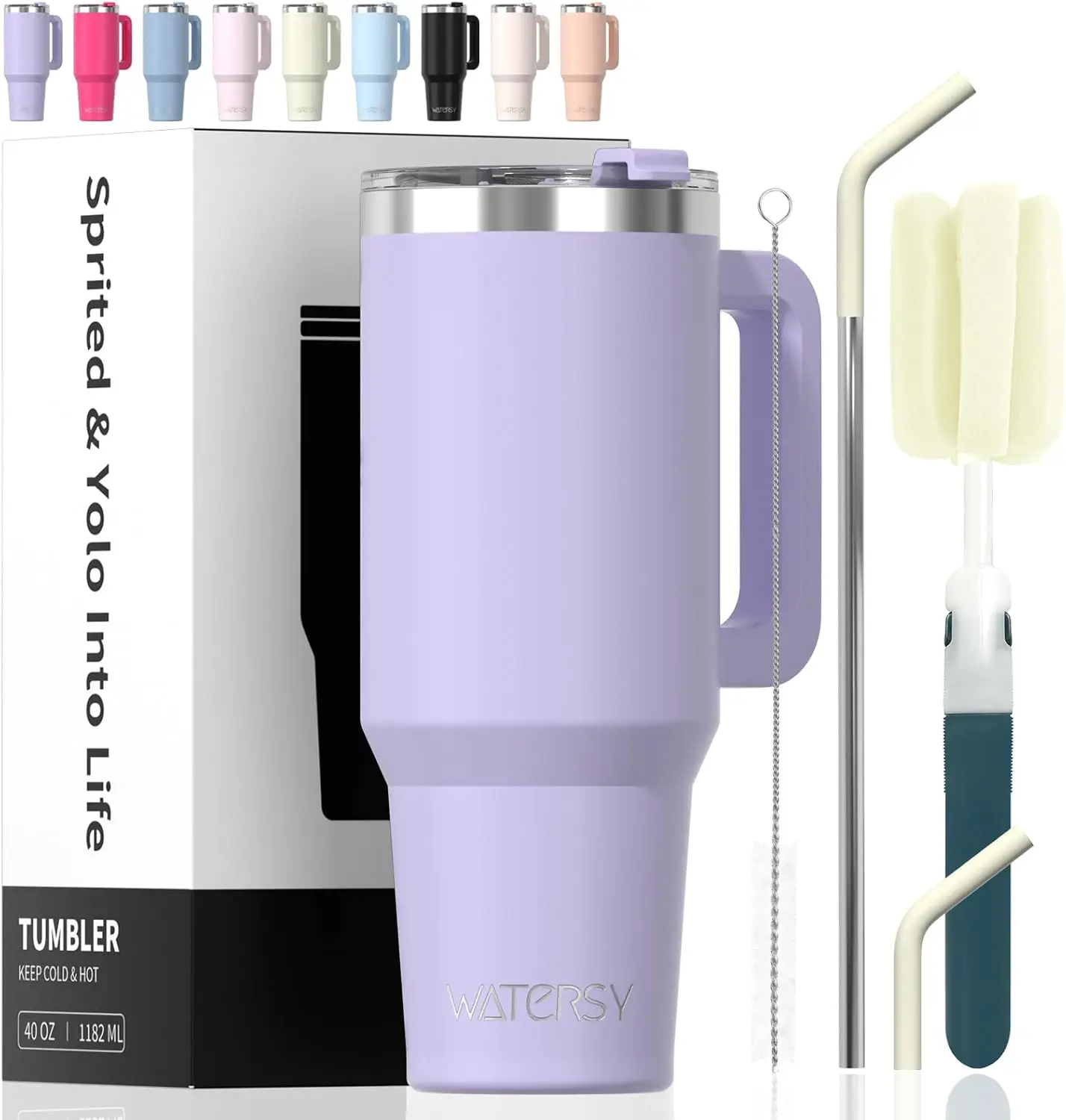 

40 oz Tumbler with Handle, Straw & Lid, Double Wall Stainless Steel, Keeps Cold 34 hrs, for Iced Tea, Coffee, Water (Purple)