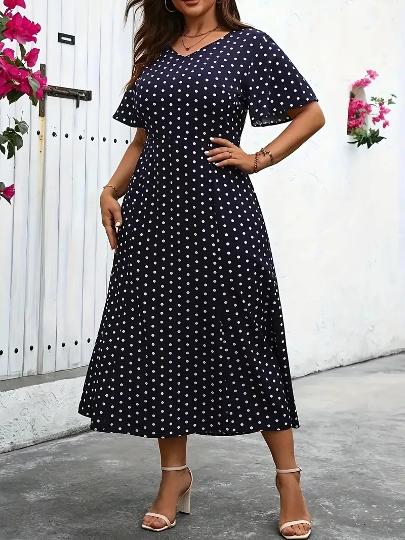 GIBSIE Plus Size Polka Dot V Neck Elegant Long Dress Women Summer High Waist Short Sleeved Vintage A-Line Dresses 2024 New