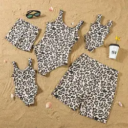 Família leopardo maiô combinando, mãe e filha swimwear, mãe e eu vestidos de biquíni, pai e filho, roupas de uma peça