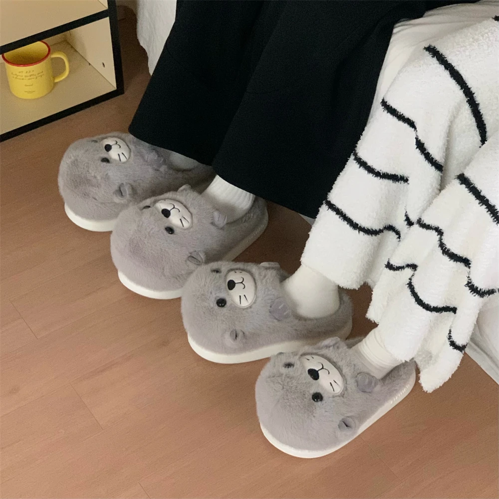 Cute Cartoon Seal Baby Comfortable Home Slippers Casual Kawaii 3D Shape Indoor Non-slip Winter Plush Parent-child Slippers