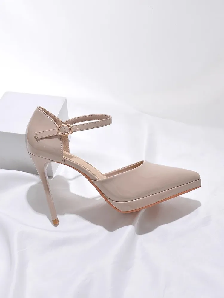 Sexy Patent Leather Platform Ladies High Heels Summer New Ankle Buckle Strap Sandals 11Cm Pointed Toe Mid Hollow Stiletto Heels