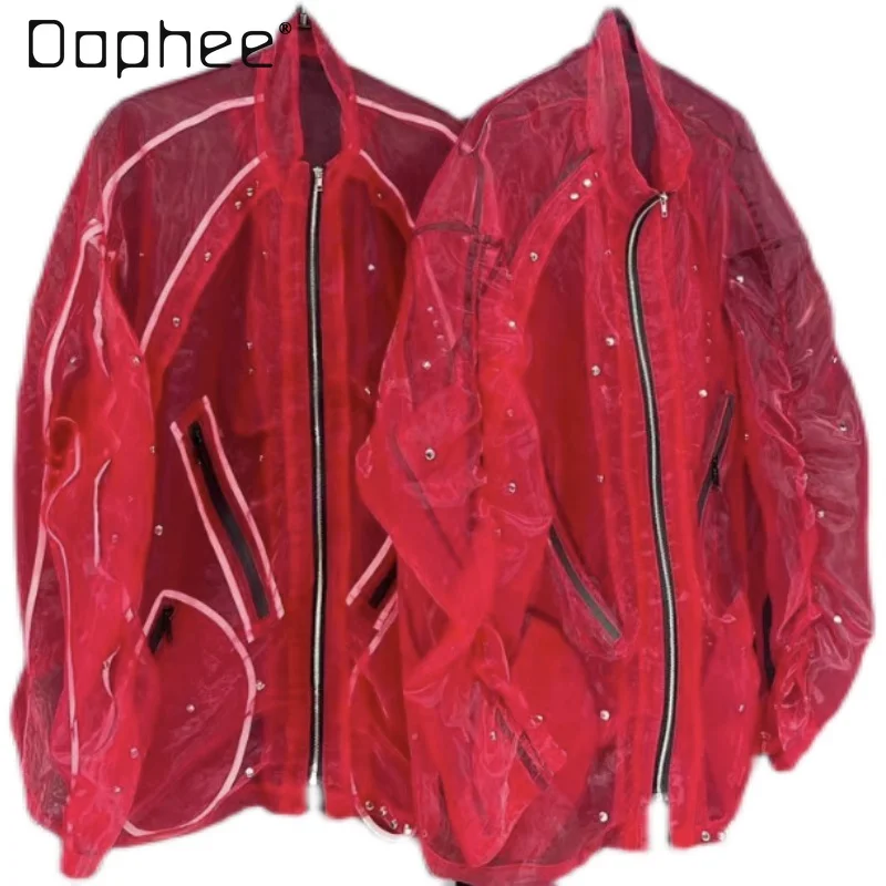 Street Personality Handsome Red Men Jacket Oversized Coat Heavy Industry Rivet Long Sleeve Thin Sunscreen Jacket Trendy Top