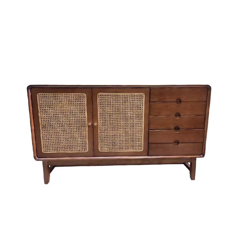

rattan sideboard, ash wood double door chest of drawers, new Chinese retro style homestay, wabi-sabi tea cabinet