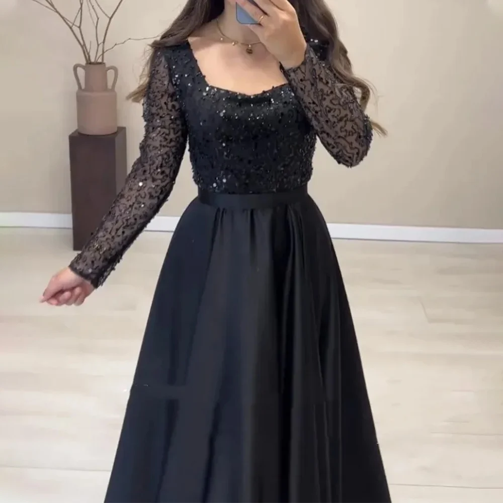 Elegante schwarze lange Abendkleider für Frauen U-Ausschnitt boden lange A-Linie Party Ballkleid Sonder veranstaltungen Brautkleider