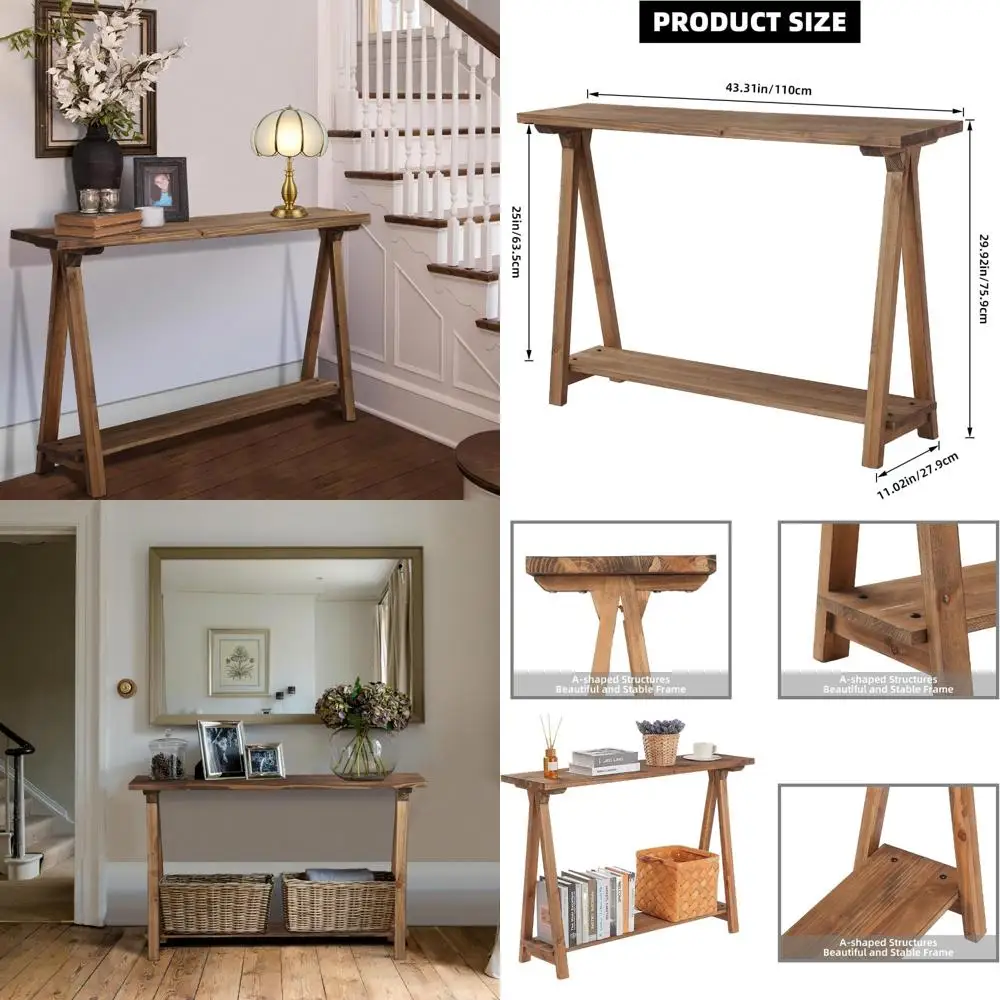 Mesa de console rústica de madeira maciça, mesa de sofá de dois camadas 43,3, estilo fazenda natural para sala de estar e entrada