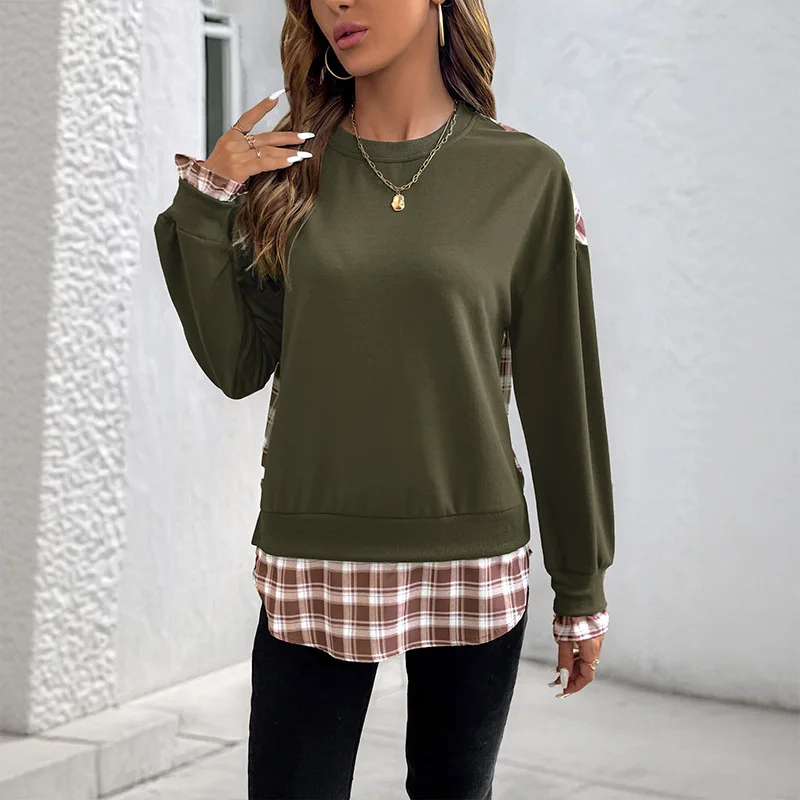 Women Sweatshirts Round Neck Full Sleeve Tops Y2k Streetwear Elegant Splice Work Plaid Regular Causal Top Autumn Winter 2026