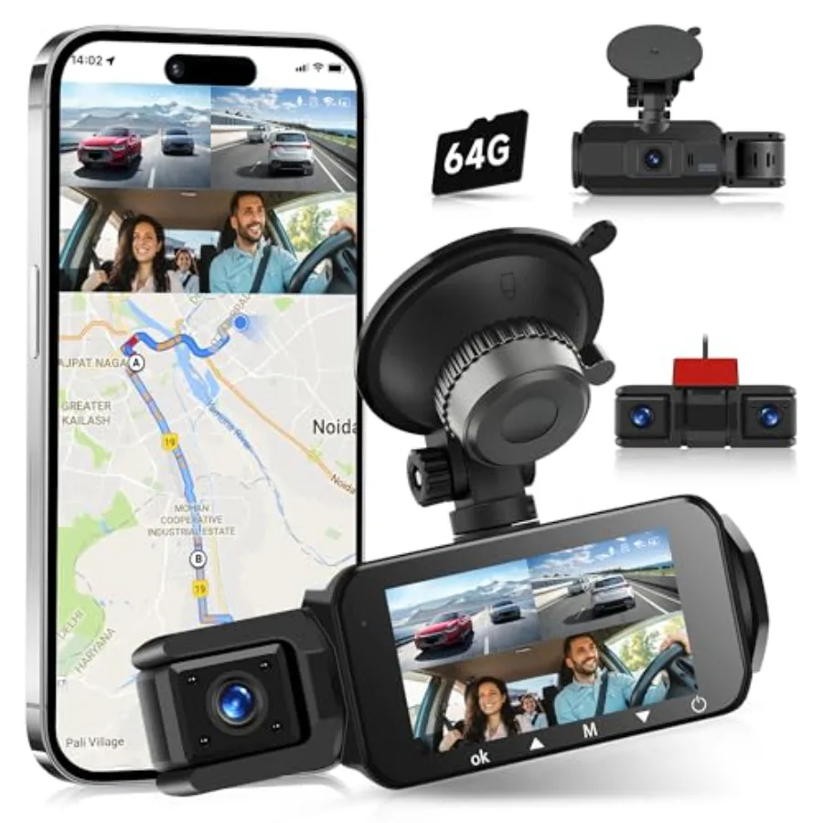 

Dash Cam for vehicle interior use, ABS plastic, black, 360 2K front and rear 4-channel recording with 3-inch IPS touchscreen, 2