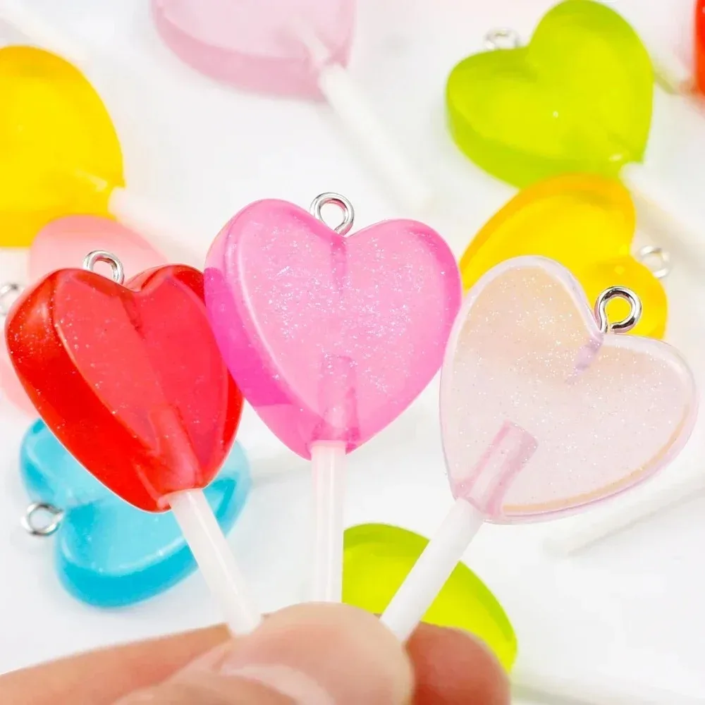 10Pcs Kawaii Sparkly Heart Lollipop Resin Charms Glitter Candy Pendants Handcraft Ornaments For Earrings Keychain Making view 6