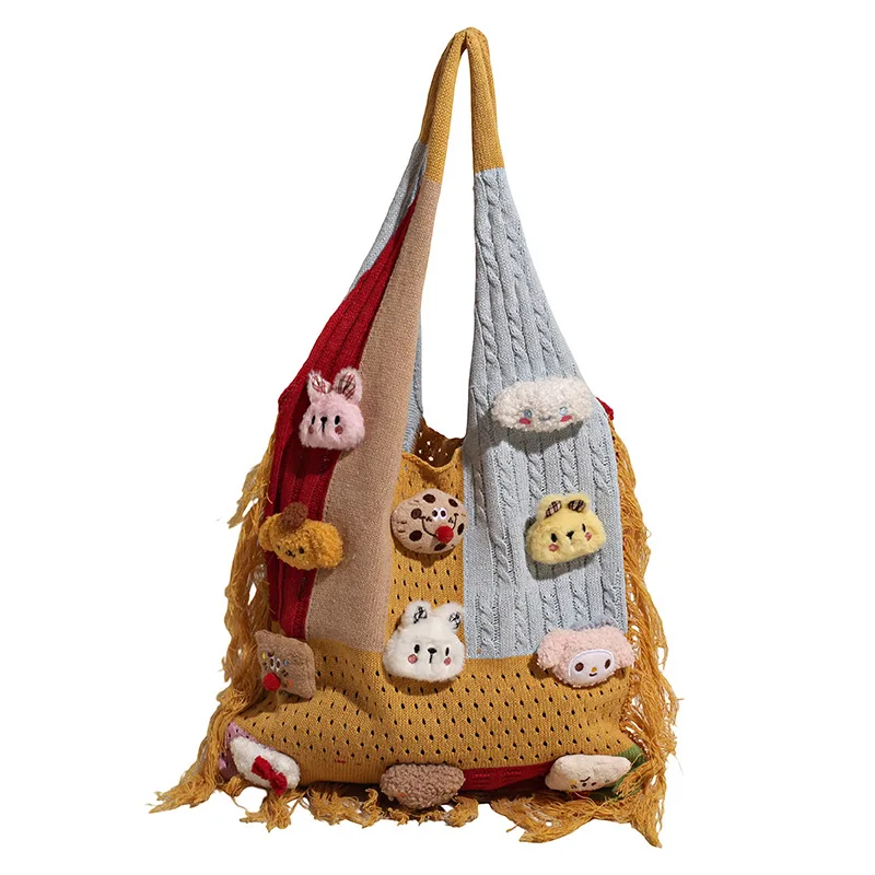 Patchwork Knit Shoulder Tote Bag Cute 3D Mini Animal Plush Ornament Fringe Edge Spacious Handbag for Daily School Shopping Girls