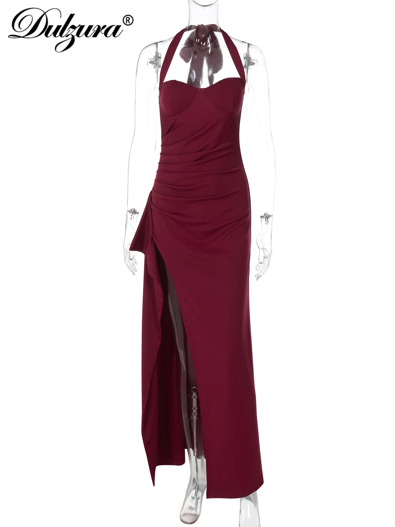 Dulzura licou sans manches dos nu moulante à lacets fente latérale fermeture éclair froncé longue robe solide Sexy robe élégante tenue de Club de fête