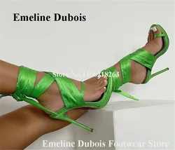 Sexy Satin Gladiator Sandals Emeline Dubois Open Toe Green Pink Straps Cross Stiletto Heel Party Shoes Ankle Straps High Heels