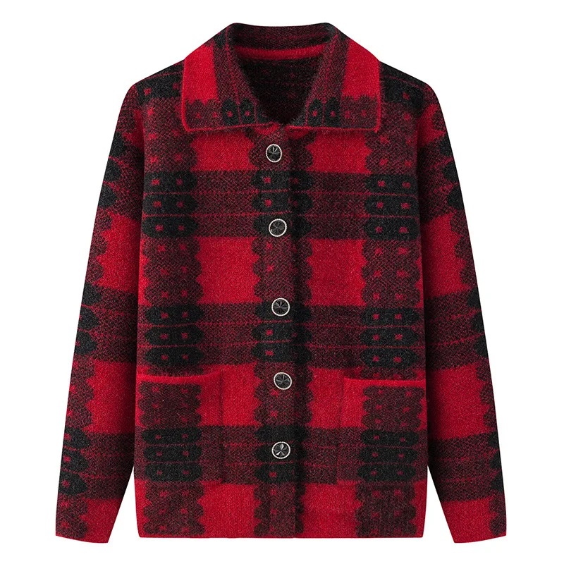 Casual Plaid Autumn Winter Clothes Middle Aged Mother Sweaters Knitwear Tops Thicken Grandma Warm Woolen Coat Women Cardigan