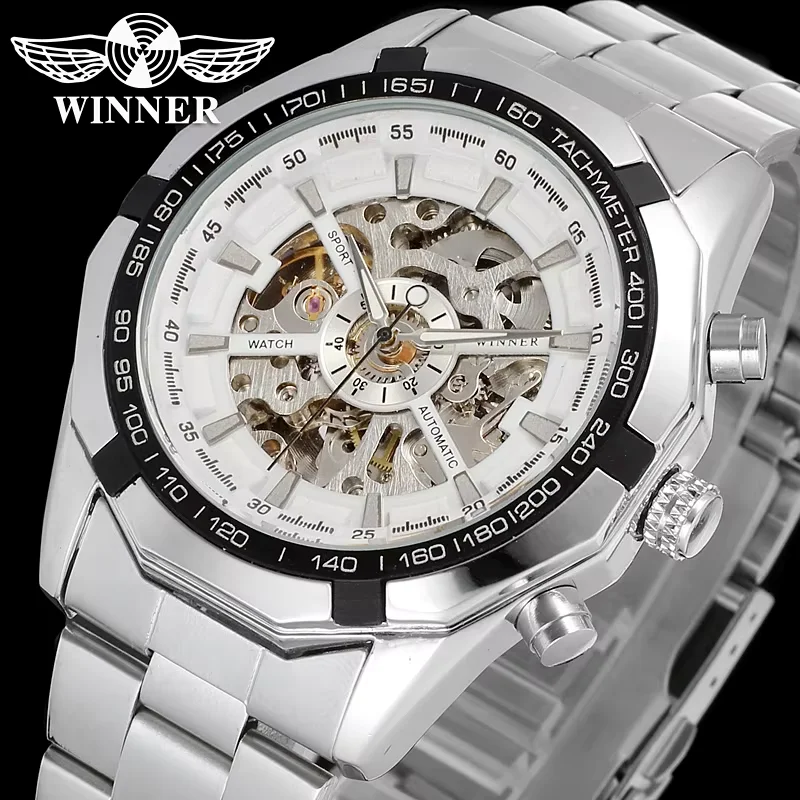 T-winner Black Belt Men's Watch Silver Hollow Steel Band Circular Wrist Watch Forked Hollow Mechanical Watch
