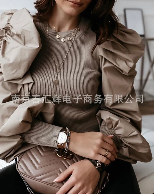 

Women's Sweater Autumn Temperament Commuting Pullover Casual Solid Color Round Neck Puff Long Sleeve Patchwork Knit Blouse Top