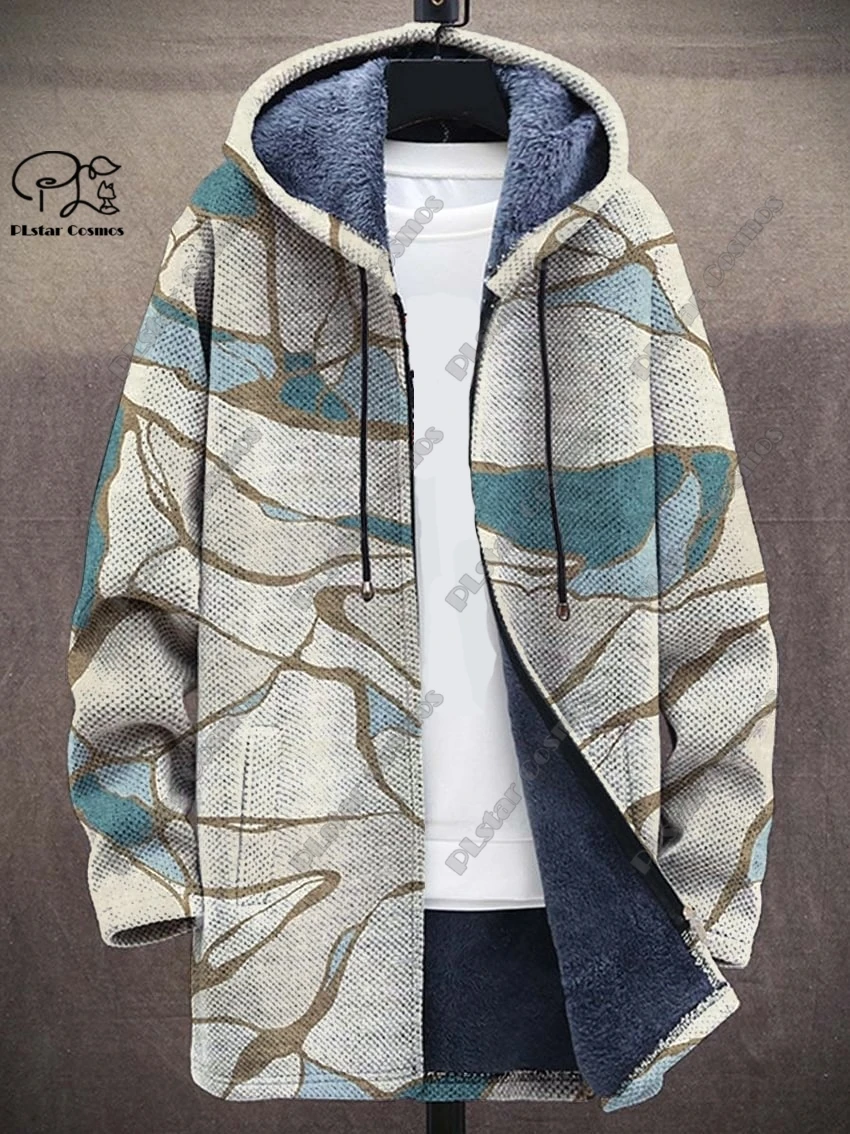 New 3D printing retro abstract art multi-color winter hooded zipper coat men's women's fleece universal casual warm jacket D-17