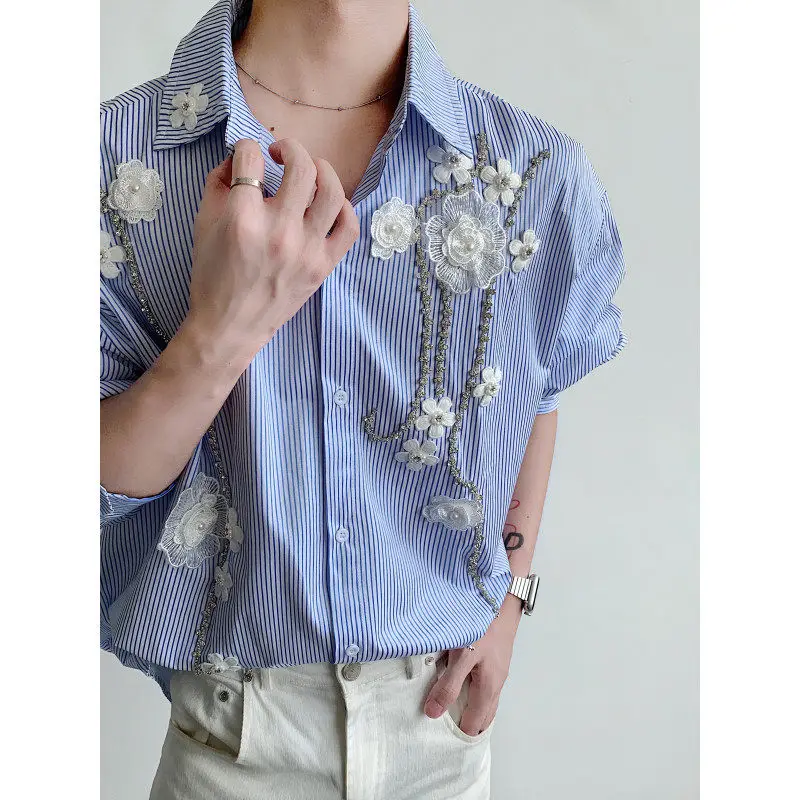 

Fall Fashionable 3D Flower Long Sleeve Shirt Women's Style Blue Striped Top Breathable Standard Fit Casual Urban Wear