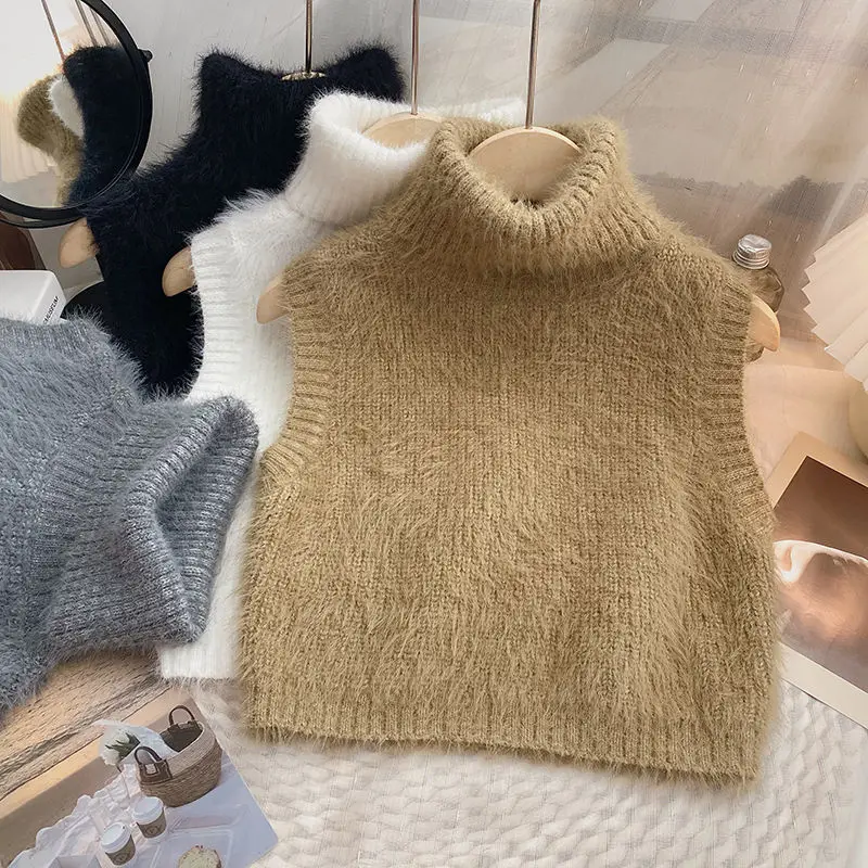 Wholesale Turtleneck Sweater Vest Base Slim Pullovers Women Faux Mink Cashmere Autumn Winter Sleeveless Short Solid Knitted Top