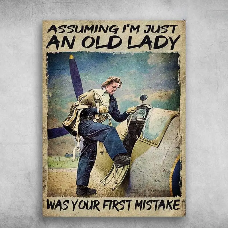 Vintage Metal Plaque Female Pilot Assuming Im Just An Old Lady Was Your First Mistake Metal Tin Sign Indoor & Outdoor Public