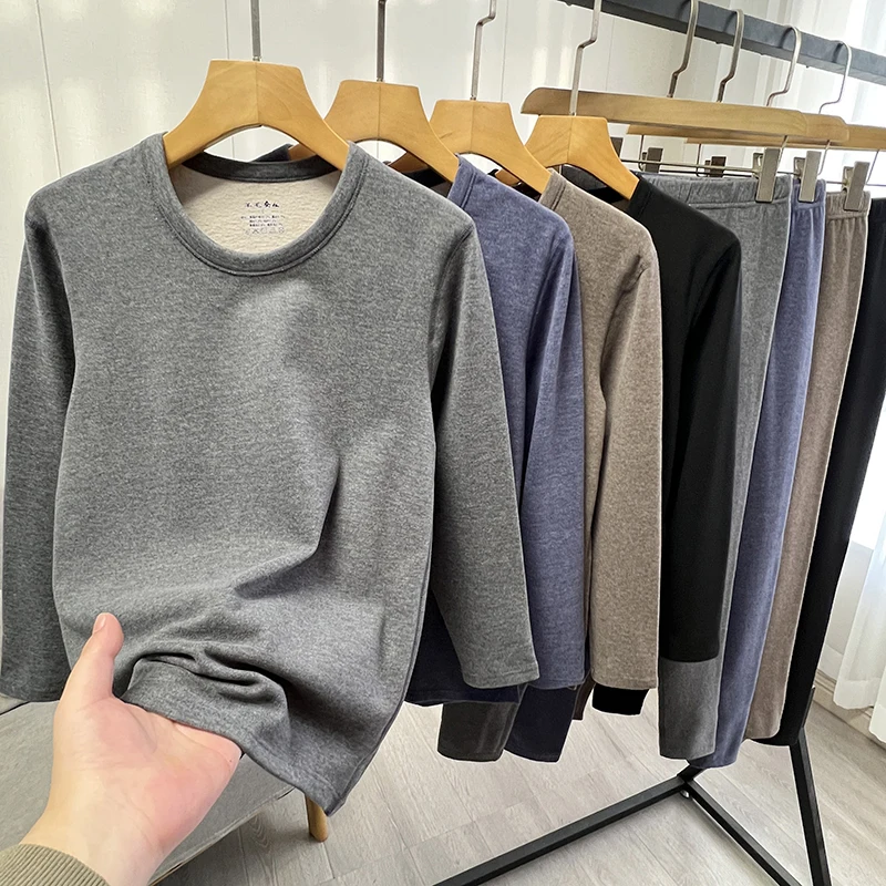 

Утепленный комплект нижнего белья из шерсти и шелка для пар, зимний, теплый, с длинными брюками, домашняя одежда, молодежный размер, дизайн с круглым вырезом