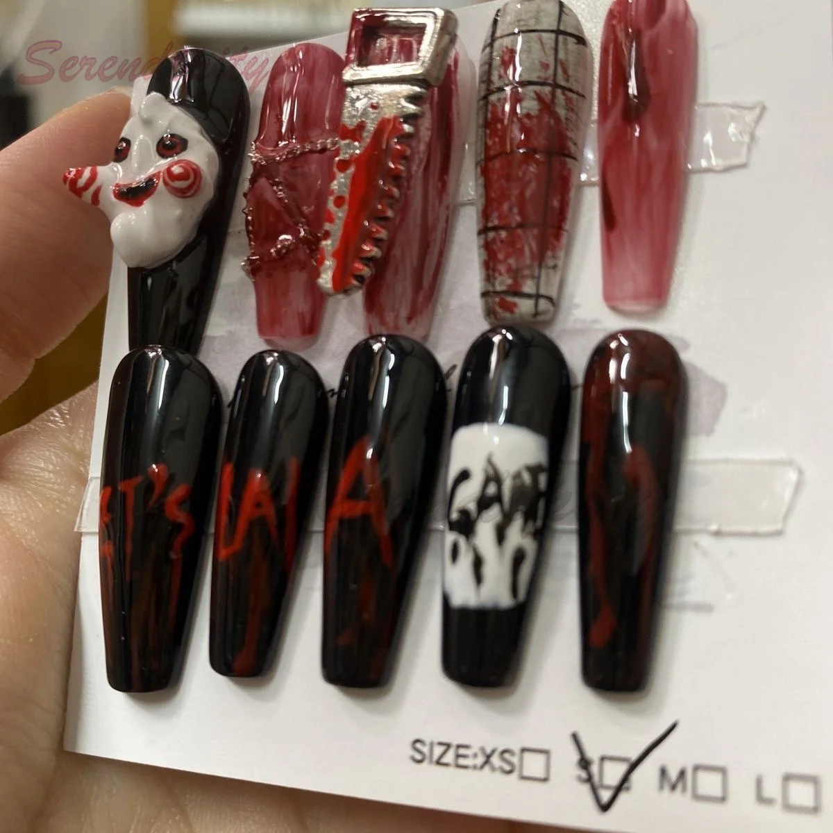 10Pcs Handmade Press On Nails 3D Hand Drawn Chainsaw Horror Suit For Halloween Dark Punk Style Reusable Long Wearable Fake Nails