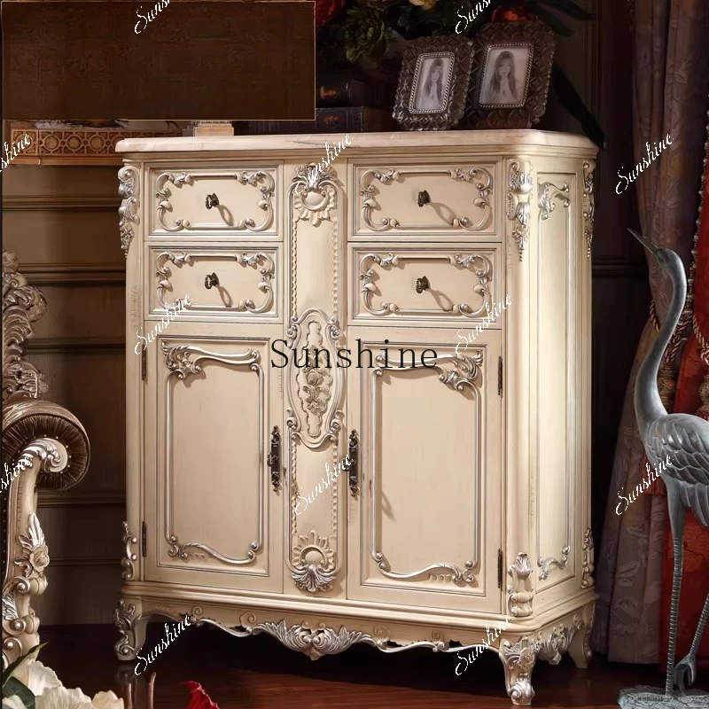 European solid wood shoe cabinet foyer white engraved drawing silver storage porch side cabinet  FT