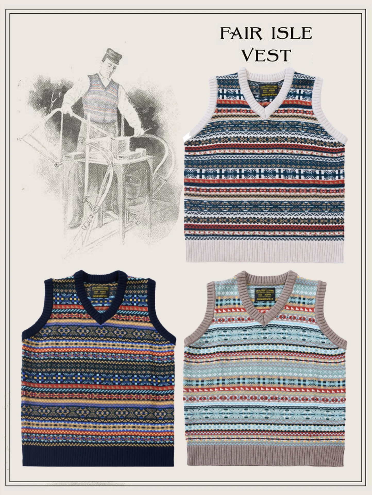 Thick Knitted V-Neck Vest Fair Isle Shetland Floral Pattern American Retro Style Multicolor Knitwear for Young Men Autumn Wear