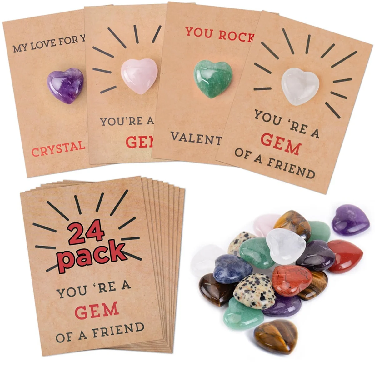 A42F  Valentines Day Gifts for Kids - 24 Pack Valentines Cards with Heart-Shape Crystals - Valentine Gift Exchange