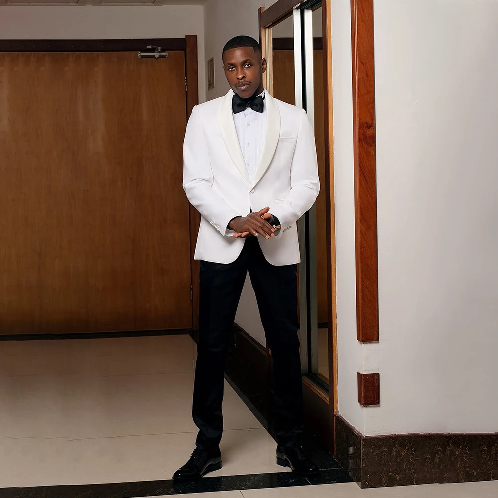 

White Wedding Men Dress 2 Pieces Shawl Lapel One Single Button Blazer Set Bespoke Evening Prom Groom Suits Slim Fit Customized