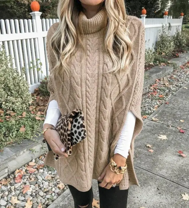 Autunno e inverno maglia da donna collo alto pasta fritta colpi di scena nodo manica a pipistrello maglione diviso maglione semplice allentato da donna