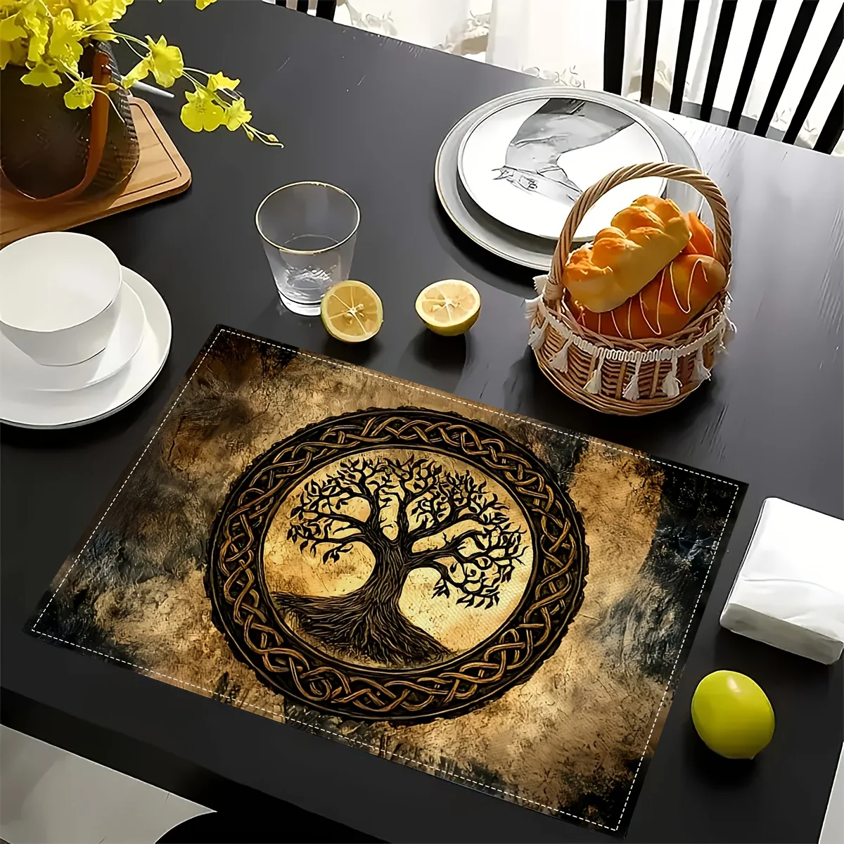VIKAMA Celtic Tree of Life Gold Square Placemat Non Slip Waterproof Heat Resistant Dining Table Mat for Holiday Party Decor