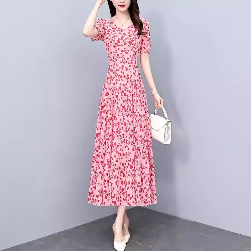 Chiffon Dress 2024 Fashion Short Sleeve New Women's Summer Waist Slimming And Elegance Tea Break French Design Long Dress K545