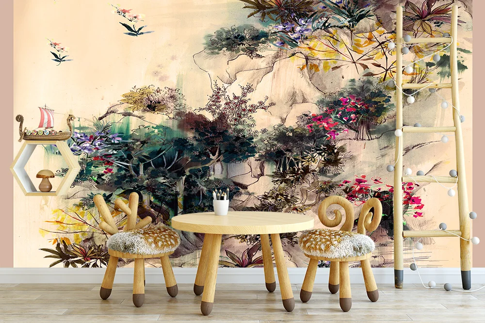 Chinese Style Landscape Printing Self Adhesive Wallpaper Peel and Stick Living Room Wallpaper Funitures Cabinet Paper Decoration