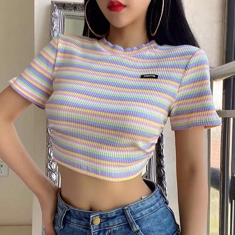 Summer Sexy Irregular Backless Striped Short-sleeved T-shirt Round Neck Hollow Casual Crop Top