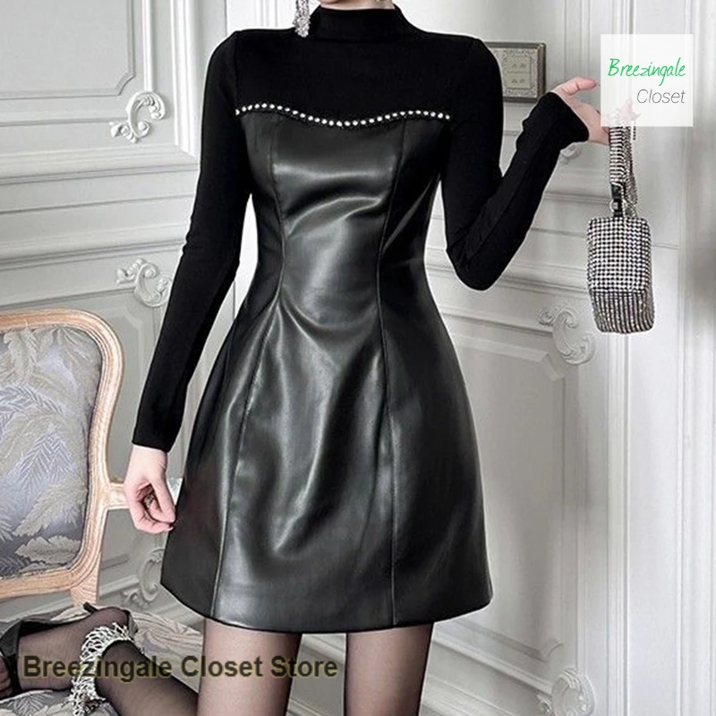 

Korean-style semi-high-necked niche design leather dress female spring and autumn stitching temperament slim little black dress