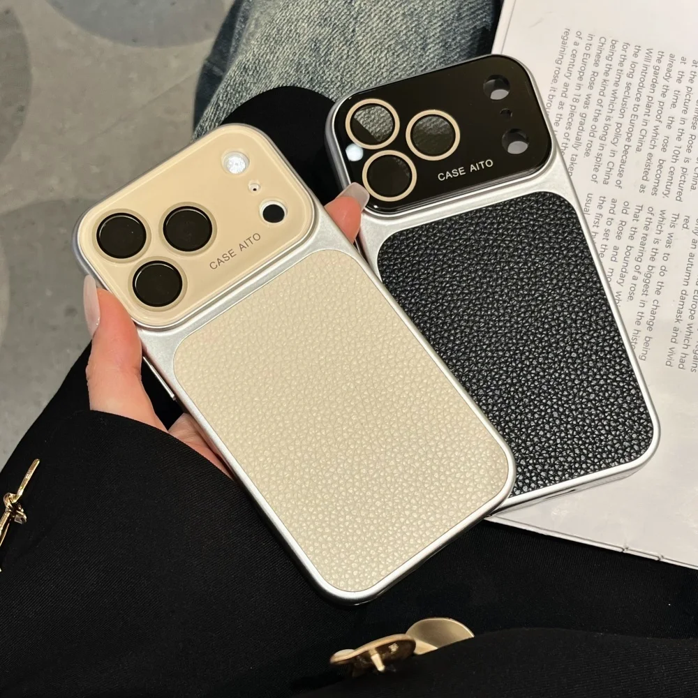 Creative Large Window Color Blocking PU Leather Case For IPhone 13 17 ProMax 16 15 14 Pro Max Glass Lens Protective Cover Fundas_voghion.com