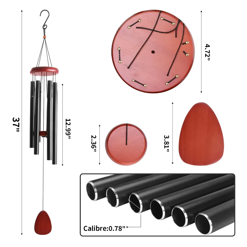37-calowe aluminiowe dzwonki wietrzne Duże, głębokie, pamiątkowe, klasyczne czarne dzwonki wietrzne z łapaczem wiatru Wiszący wystrój ogrodu na