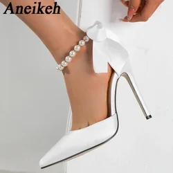 Aneikeh Fashion White String Bead Pointed Bead Strap Sandals Ankle Strap Women Pumps Sexy Bowknot Lace Up High Heels Bridal Shoe