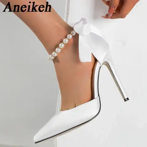 Aneikeh Fashion White String Bead Pointed Bead Strap Sandals Ankle Strap Women Pumps Sexy Bowknot Lace Up High Heels Bridal Shoe