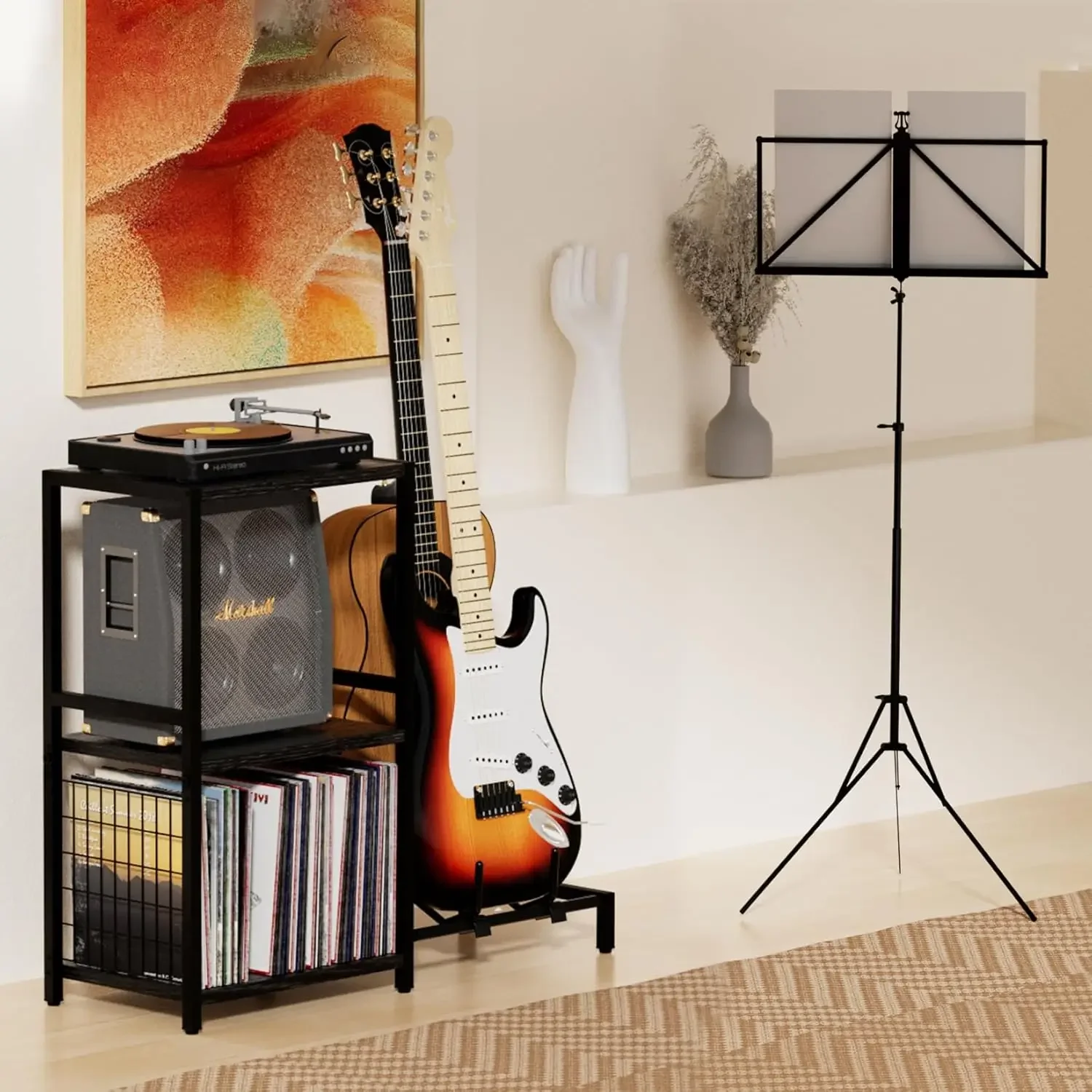 with Guitar Stand,Record Player Stand,Vinyl Records Storage,2-Tier Guitar Stand for Acoustic, Electric Guitar,Bass,Tur