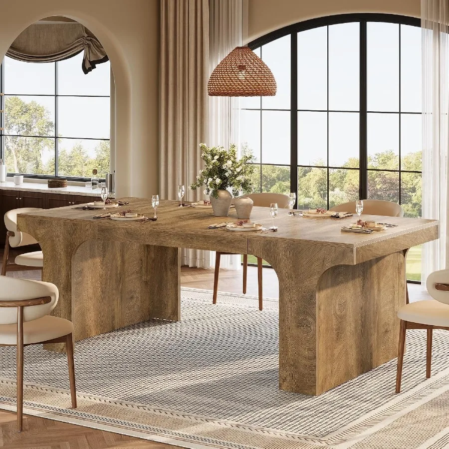 71-Inch Farmhouse Dining Table with Arched Design for 6-8, Oak Finish, Warm Natural Tone, Solid Wood Construction and Rustic El