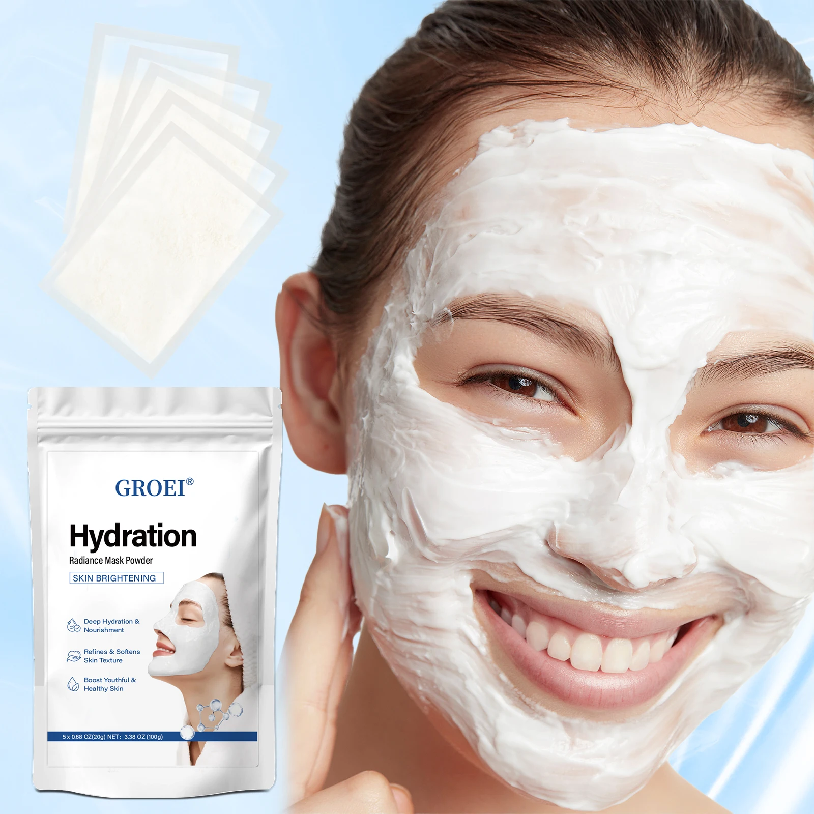 GROEI-mascarilla en polvo de ácido hialurónico con espátula, incluso el tono de la piel, aumenta la elasticidad Facial, tratamiento Facial iluminador e hidratante