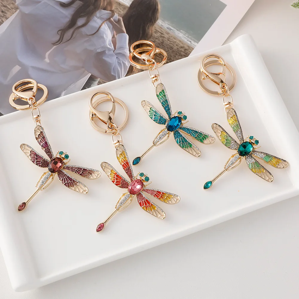 European American fashion color rhinestone dragonfly keychain insect creative bag hanging exquisite gift car decoration pendant