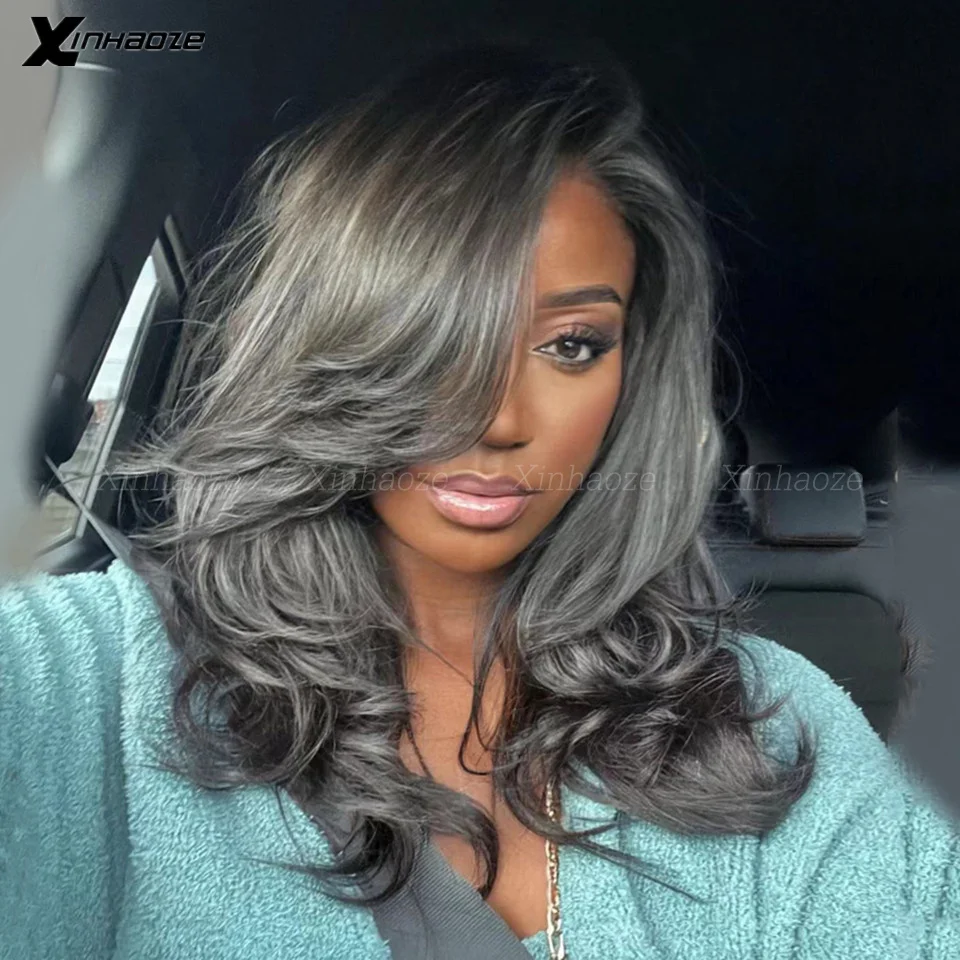 

Grey Black Wave Wigs Highlight Human Hair Gray 13x4 Lace Frontal Wig for Women Glueless Grey Salt and Pepper Body Wavy Wigs