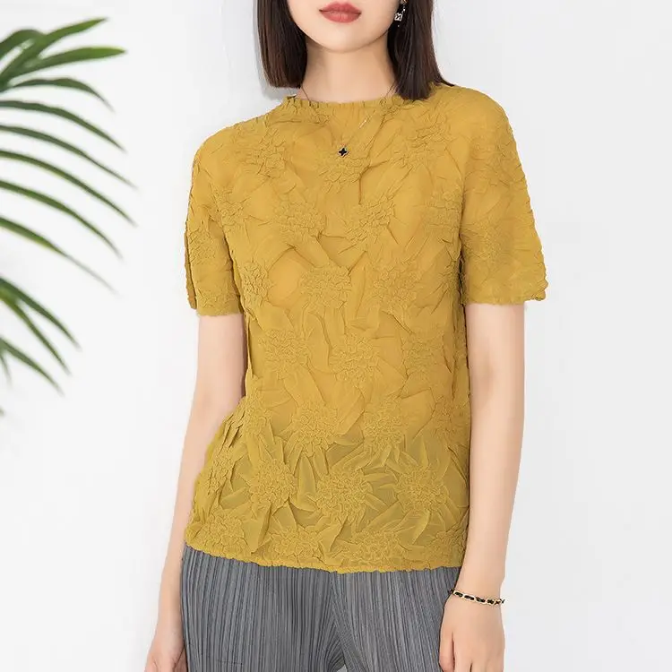 

Miyake Embroidered Handmade Pleated Pullover Short-Sleeved Top 2023 Autumn New Elegant Stylish Loose plus Size T-shirt Women