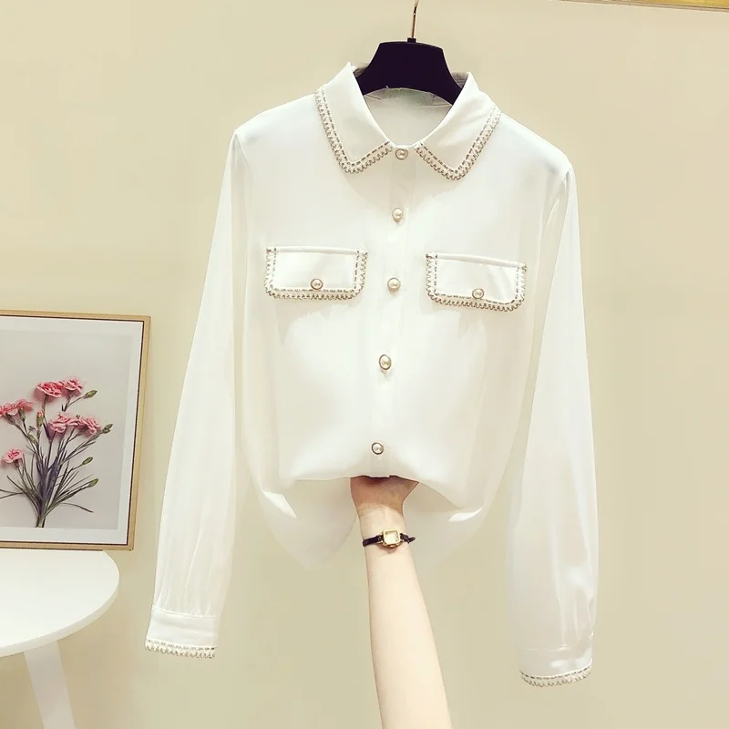 

Chiffon Women White Shirts Summer New Design 2024 Turn-Down Collar Long-Sleeved Pocket Elegant Office Lady Outwear Tops