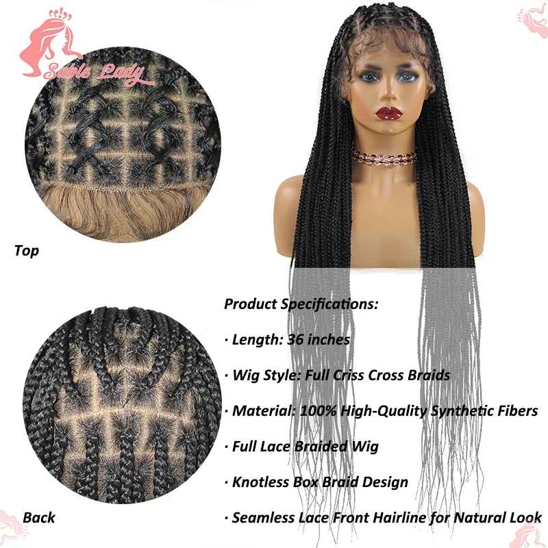 Peruca sintética trançada Full Criss Cross para mulheres negras, 36 "tranças Cornrow, perucas de renda, Knotless Box Braid, peruca cheia do laço