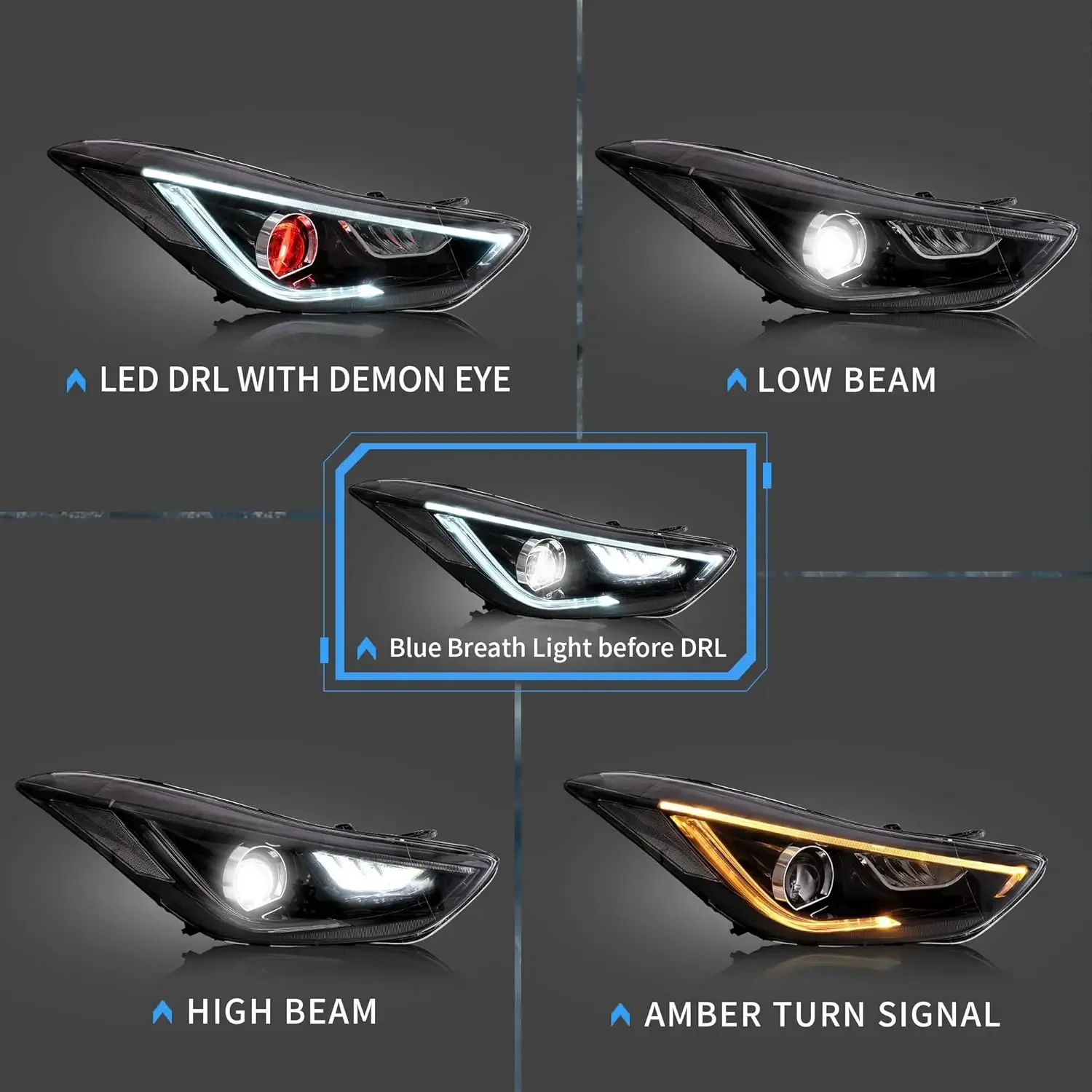 LED Headlights Compatible with Hyundai Elantra 2012-2015& Elantra Coupe 2013 2014(Not for Hybrid) w/Demon Eyes, Need D2H/