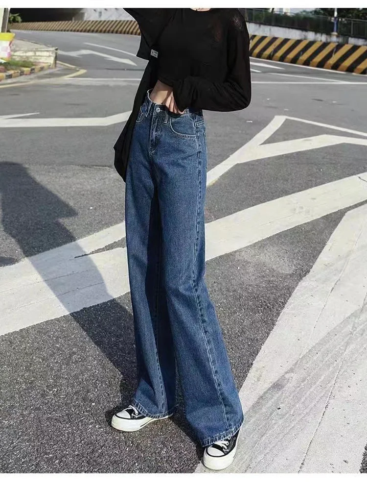 

Осень 202, корейский стиль, утягивающие джинсы с высокой талией, женские прямые брюки свободного кроя, светло-голубые